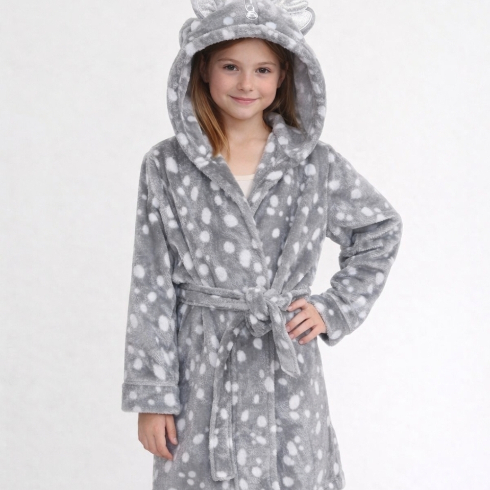 Justice Gray and White Polka Dot Kids Robe